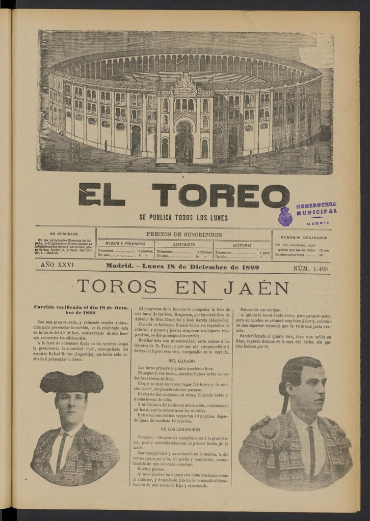 Miniatura de El Toreo: suplemento a "La Correspondencia Teatral" del 18 de diciembre de 1899, nº 1405