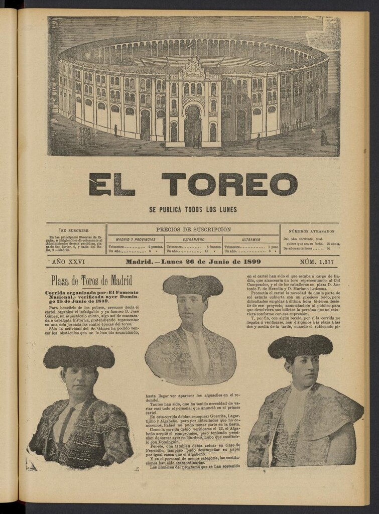 Miniatura de El Toreo: suplemento a "La Correspondencia Teatral" del 26 de junio de 1899, nº 1377