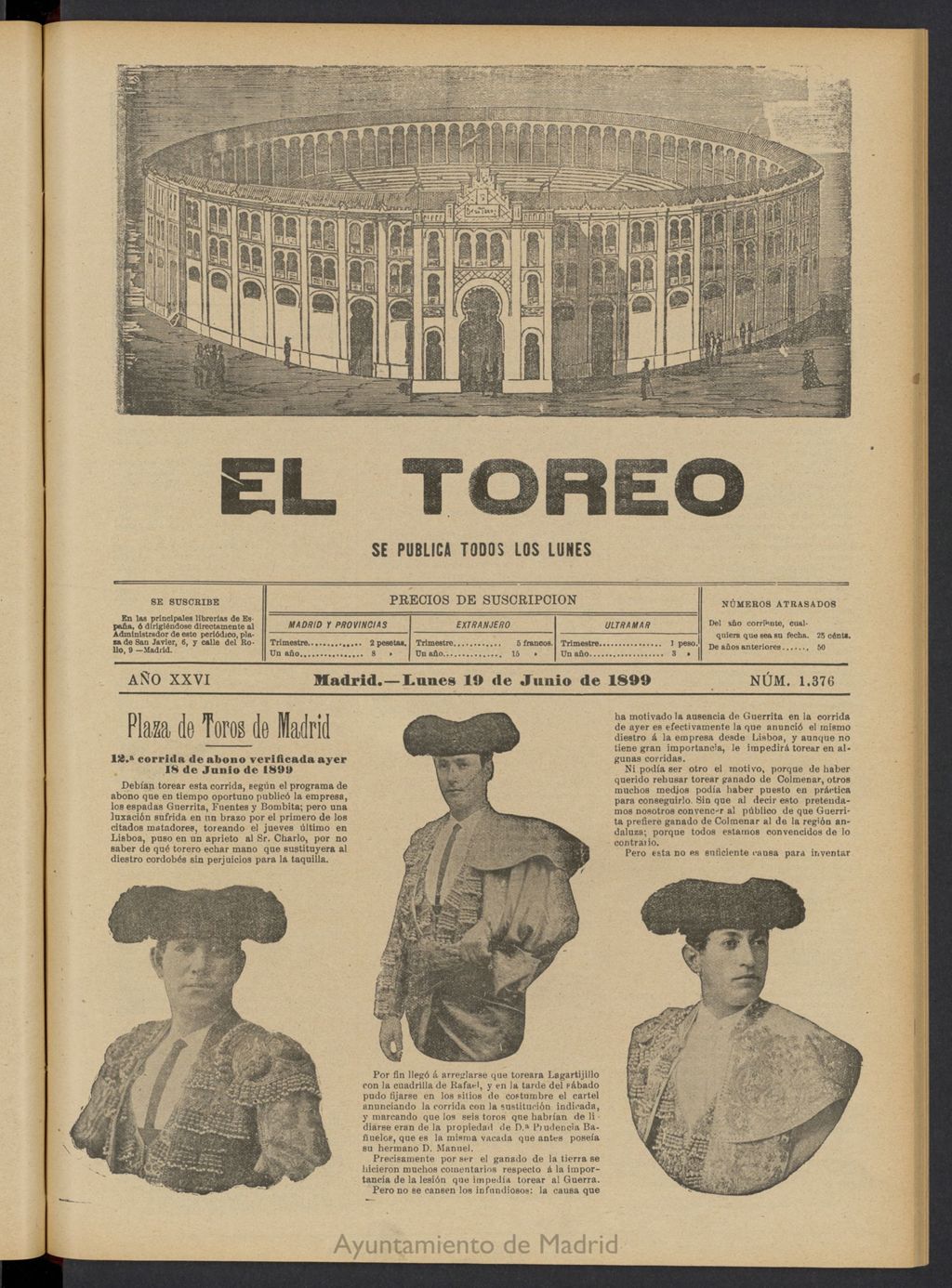 Miniatura de El Toreo: suplemento a "La Correspondencia Teatral" del 19 de junio de 1899, nº 1376