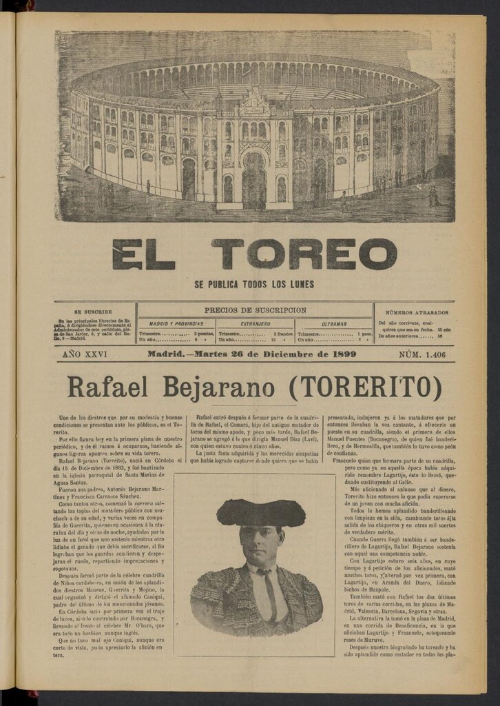 Miniatura de El Toreo: suplemento a "La Correspondencia Teatral" del 26 de diciembre de 1899, nº 1406
