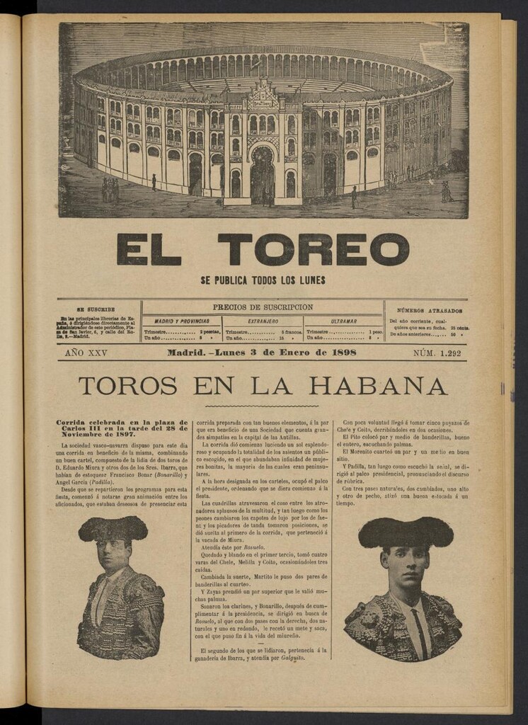 Miniatura de El Toreo: suplemento a "La Correspondencia Teatral" del 3 de enero de 1898, nº 1292