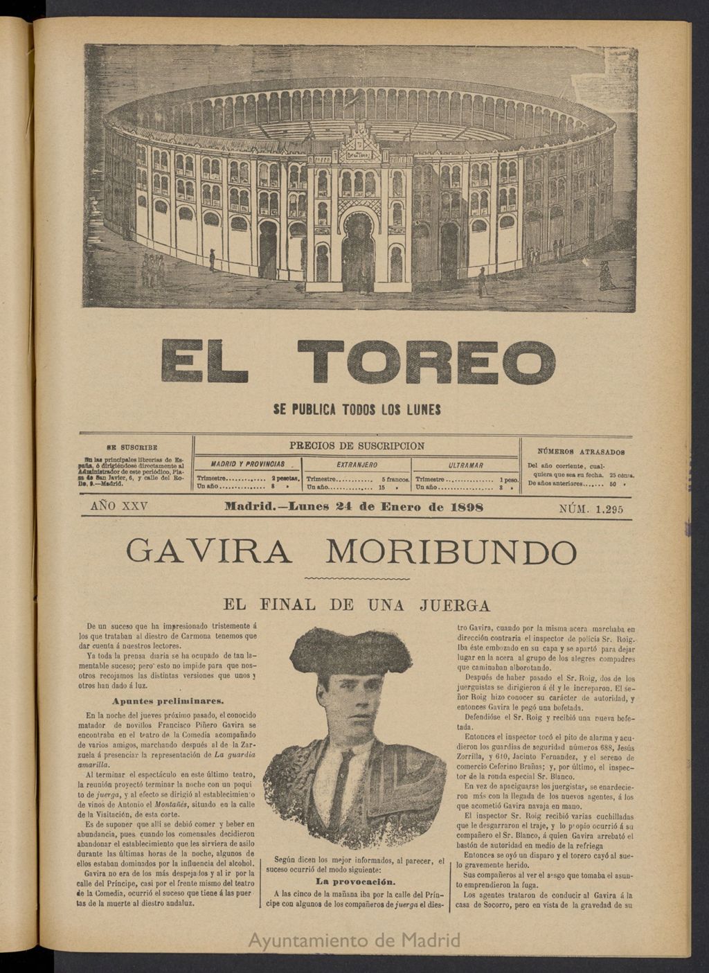 Miniatura de El Toreo: suplemento a "La Correspondencia Teatral" del 24 de enero de 1898, nº 1295