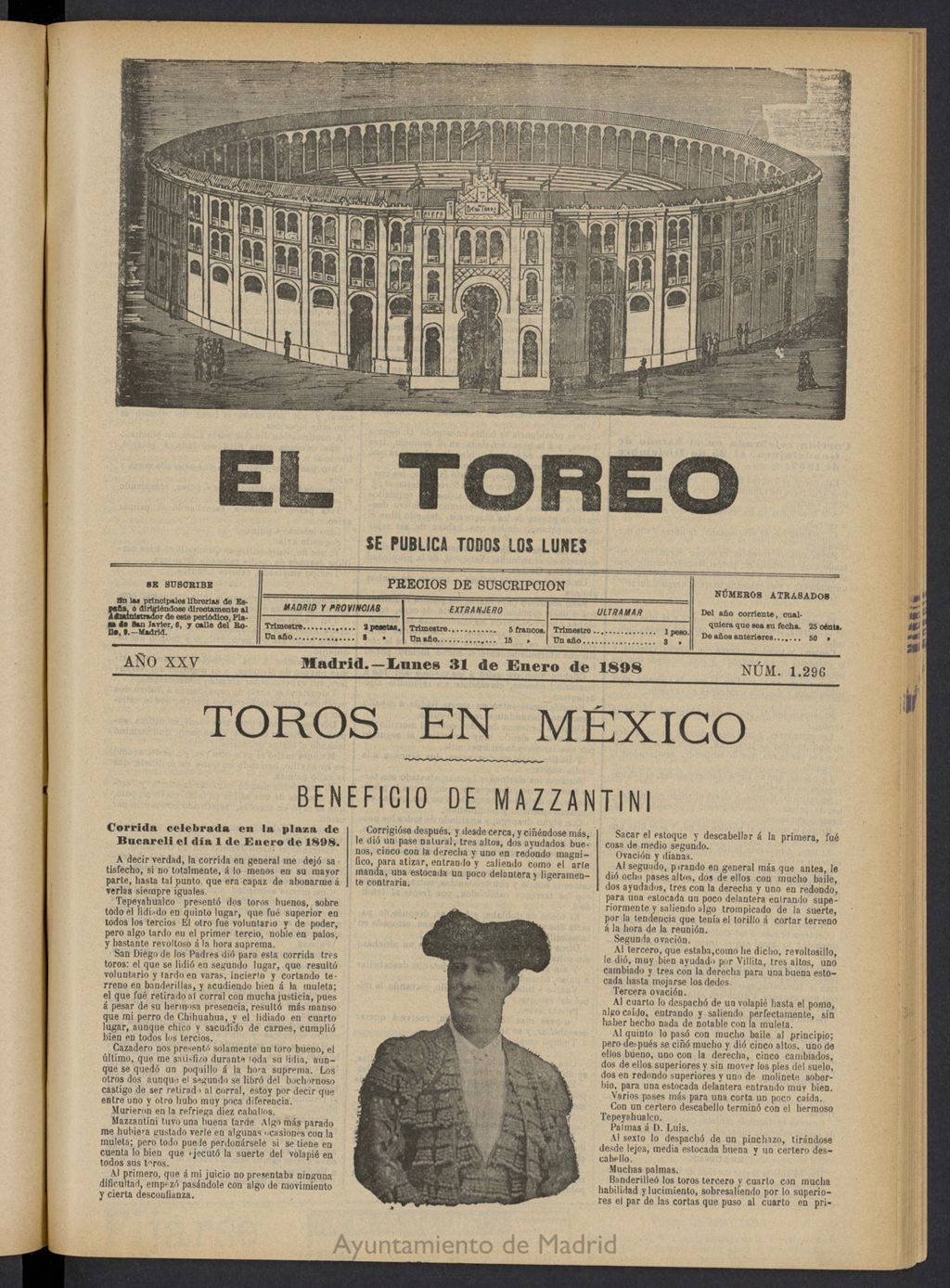 Miniatura de El Toreo: suplemento a "La Correspondencia Teatral" del 31 de enero de 1898, nº 1296