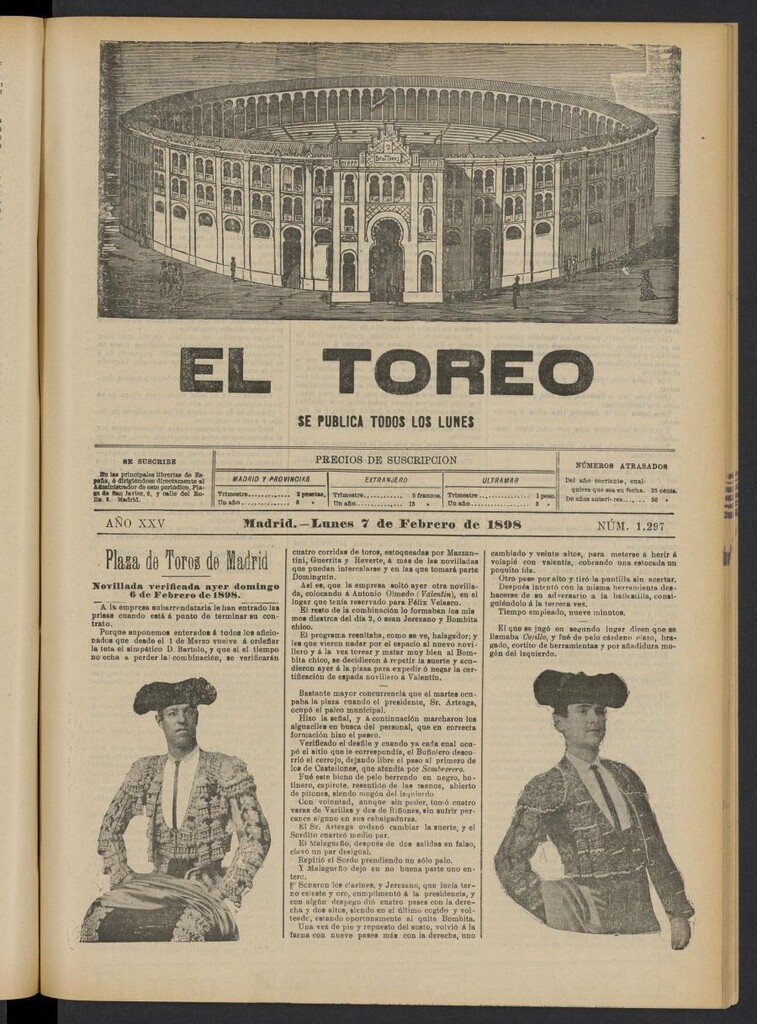 Miniatura de El Toreo: suplemento a "La Correspondencia Teatral" del 7 de febrero de 1898, nº 1297