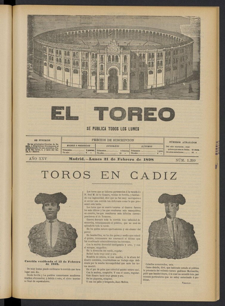 Miniatura de El Toreo: suplemento a "La Correspondencia Teatral" del 21 de febrero de 1898, nº 1299