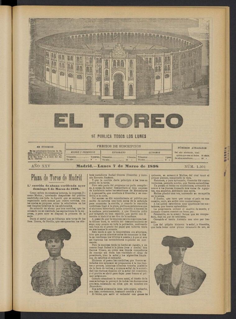Miniatura de El Toreo: suplemento a "La Correspondencia Teatral" del 7 de marzo de 1898, nº 1301