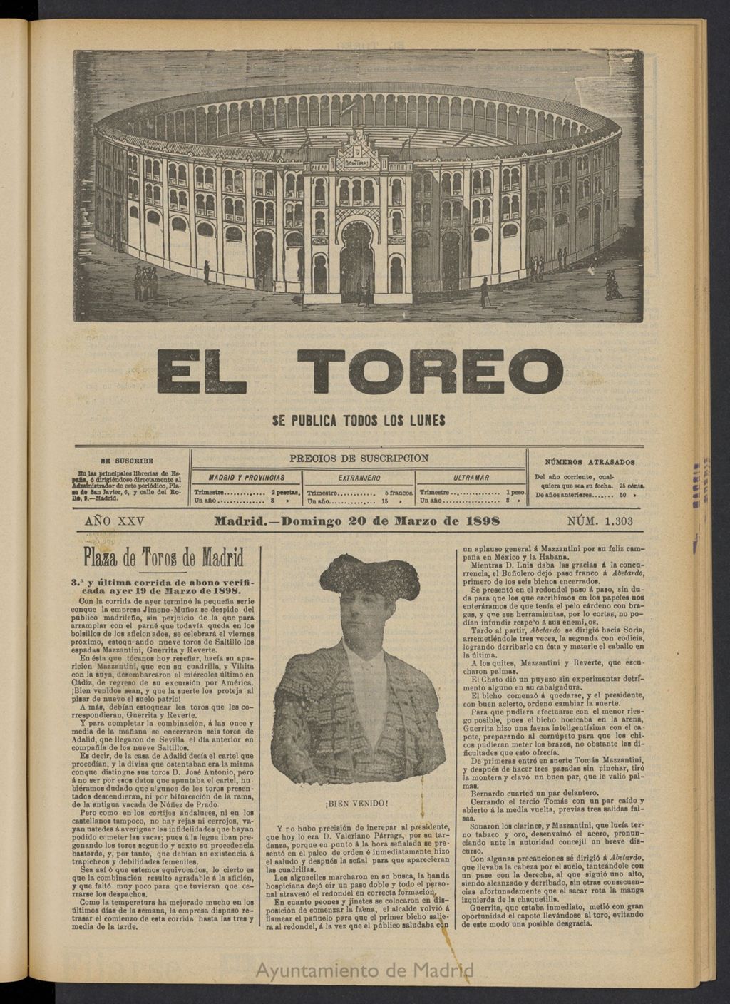 Miniatura de El Toreo: suplemento a "La Correspondencia Teatral" del 20 de marzo de 1898, nº 1303