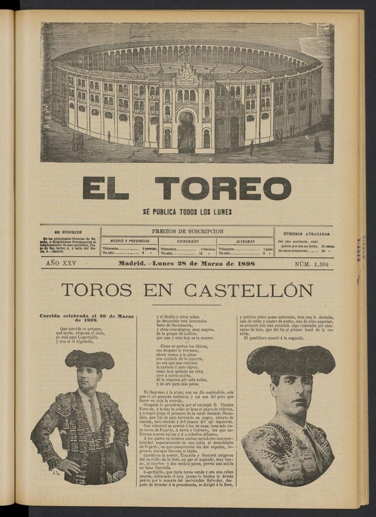 Miniatura de El Toreo: suplemento a "La Correspondencia Teatral" del 28 de marzo de 1898, nº 1304