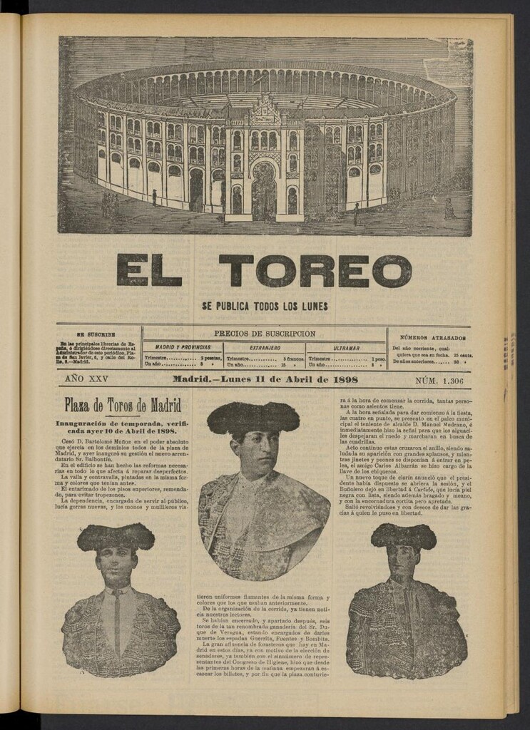 Miniatura de El Toreo: suplemento a "La Correspondencia Teatral" del 11 de abril de 1898, nº 1306