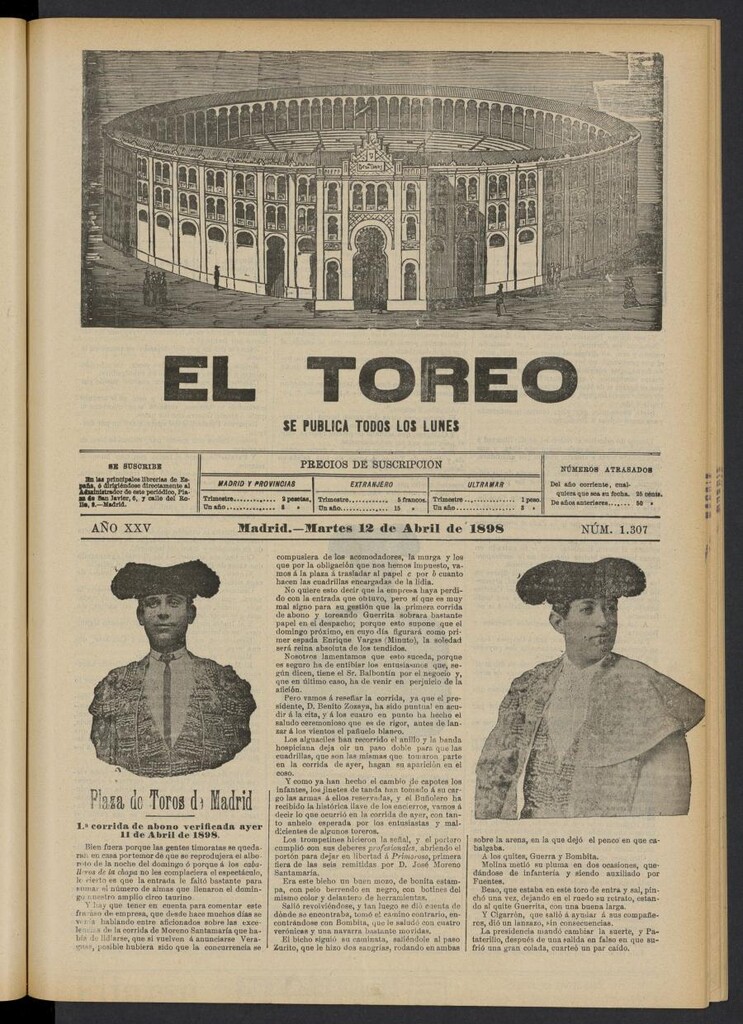 Miniatura de El Toreo: suplemento a "La Correspondencia Teatral" del 12 de abril de 1898, nº 1307