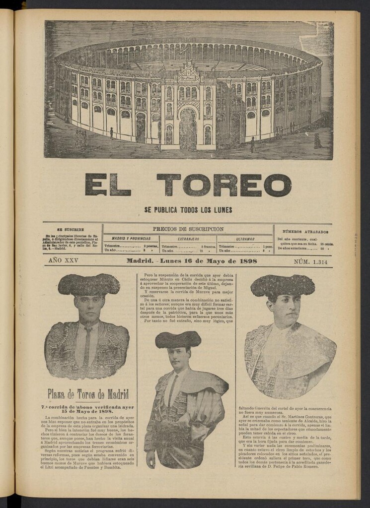 Miniatura de El Toreo: suplemento a "La Correspondencia Teatral" del 16 de mayo de 1898, nº 1314