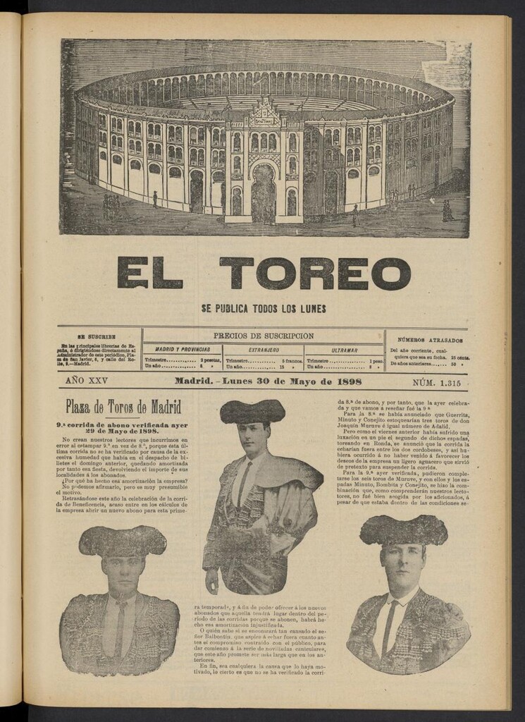 Miniatura de El Toreo: suplemento a "La Correspondencia Teatral" del 30 de mayo de 1898, nº 1315