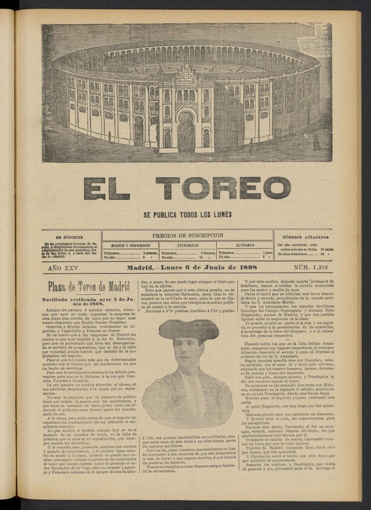 Miniatura de El Toreo: suplemento a "La Correspondencia Teatral" del 6 de junio de 1898, nº 1316