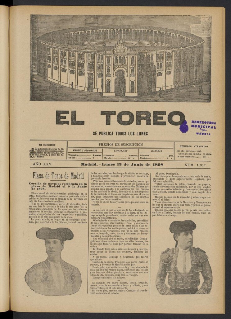 Miniatura de El Toreo: suplemento a "La Correspondencia Teatral" del 13 de junio de 1898, nº 1317