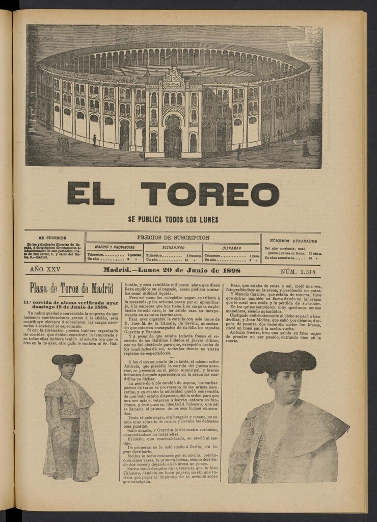 Miniatura de El Toreo: suplemento a "La Correspondencia Teatral" del 20 de junio de 1898, nº 1318