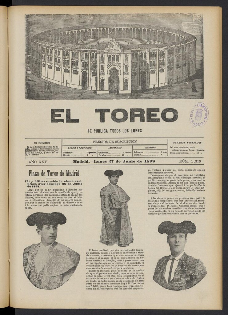 Miniatura de El Toreo: suplemento a "La Correspondencia Teatral" del 27 de junio de 1898, nº 1319