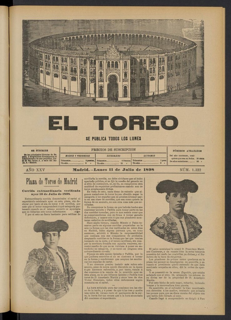 Miniatura de El Toreo: suplemento a "La Correspondencia Teatral" del 11 de julio de 1898, nº 1322