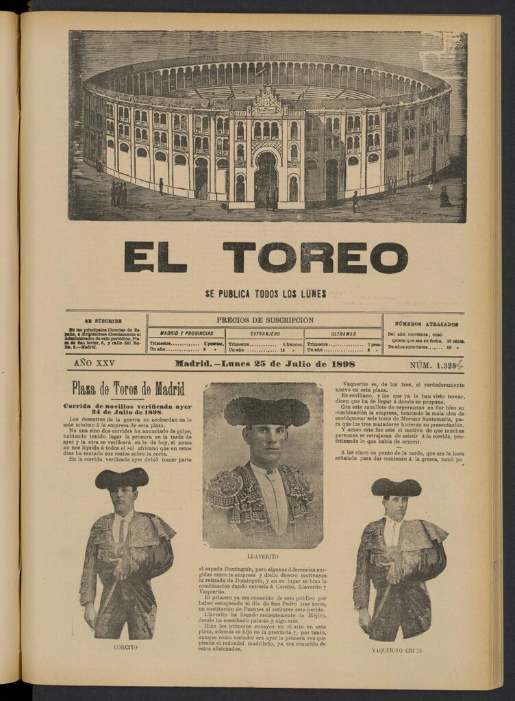 Miniatura de El Toreo: suplemento a "La Correspondencia Teatral" del 25 de julio de 1898, nº 1324