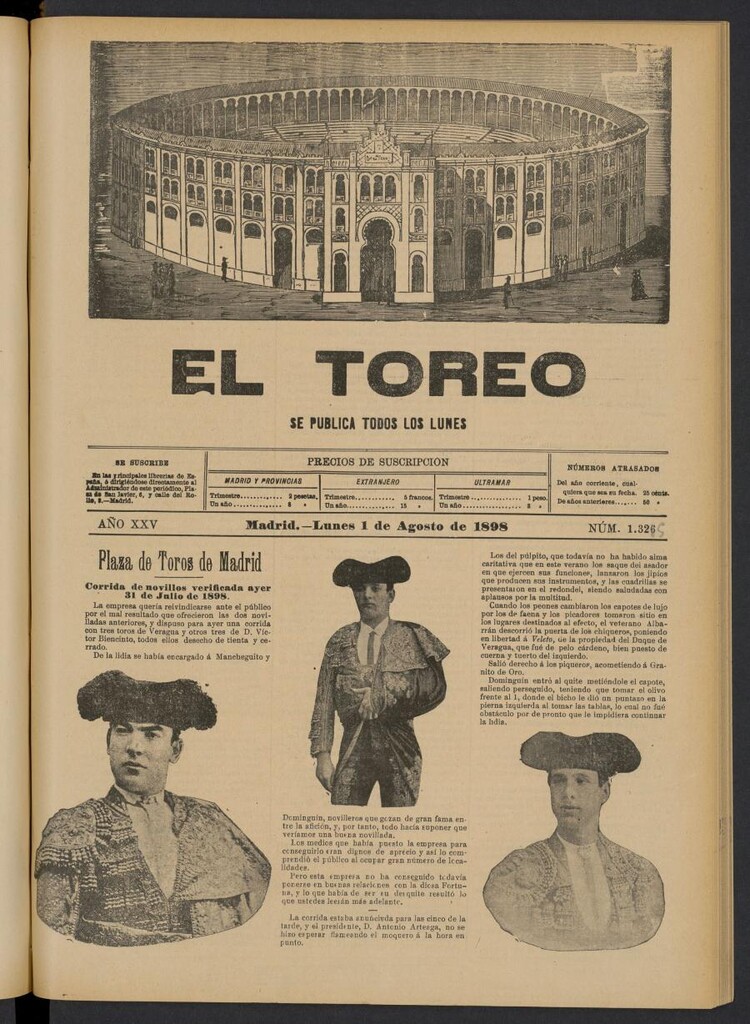 Miniatura de El Toreo: suplemento a "La Correspondencia Teatral" del 1 de agosto de 1898, nº 1325