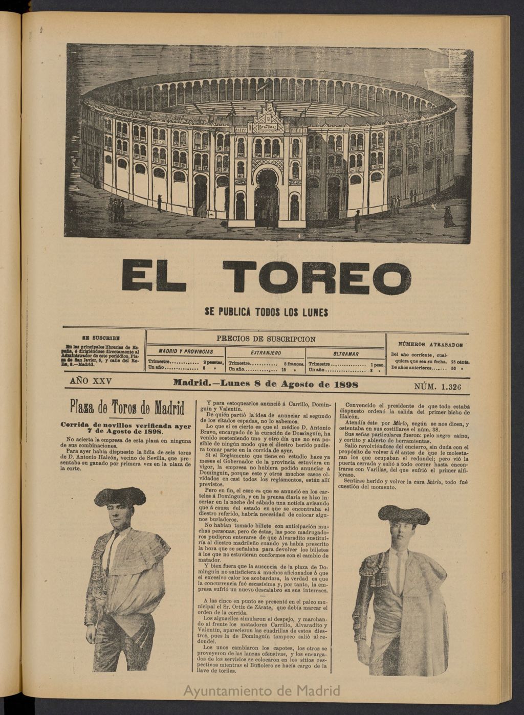 Miniatura de El Toreo: suplemento a "La Correspondencia Teatral" del 8 de agosto de 1898, nº 1326
