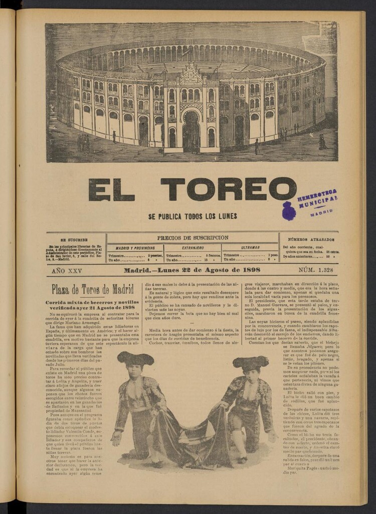 Miniatura de El Toreo: suplemento a "La Correspondencia Teatral" del 22 de agosto de 1898, nº 1328