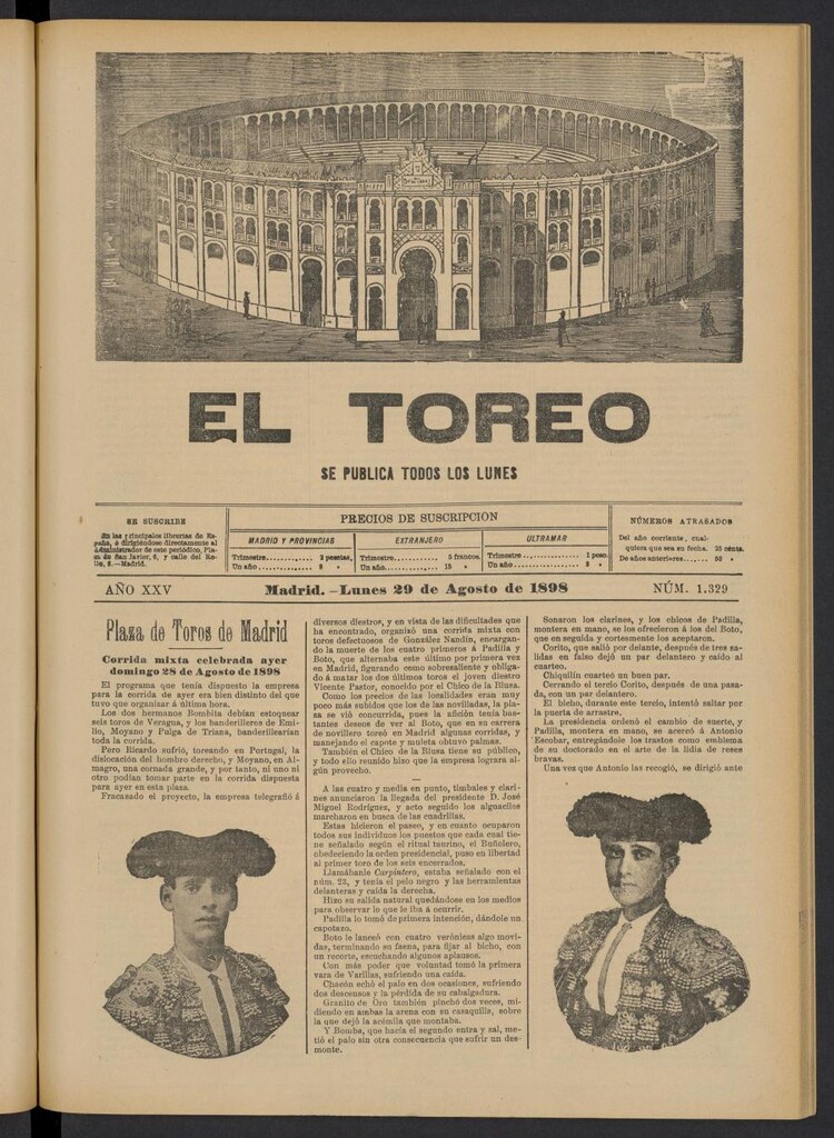 Miniatura de El Toreo: suplemento a "La Correspondencia Teatral" del 29 de agosto de 1898, nº 1329