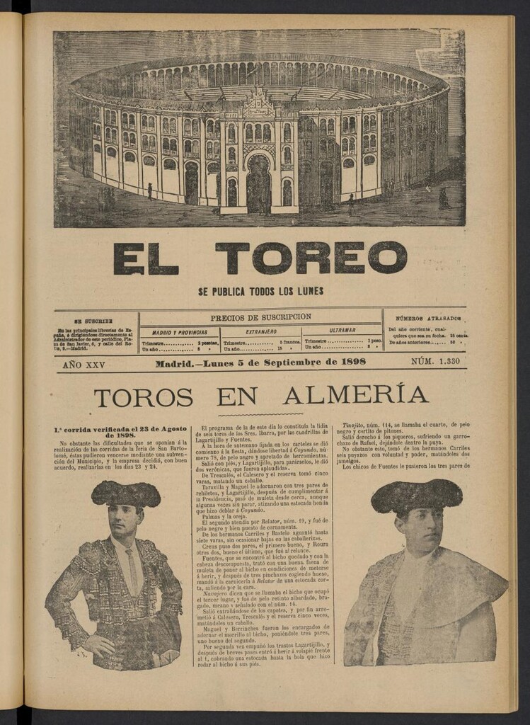 Miniatura de El Toreo: suplemento a "La Correspondencia Teatral" del 5 de septiembre de 1898, nº 1330