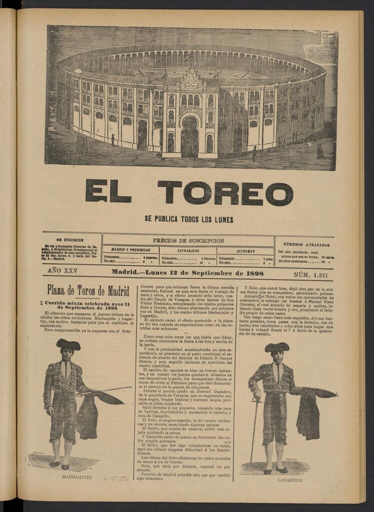 Miniatura de El Toreo: suplemento a "La Correspondencia Teatral" del 12 de septiembre de 1898, nº 1331