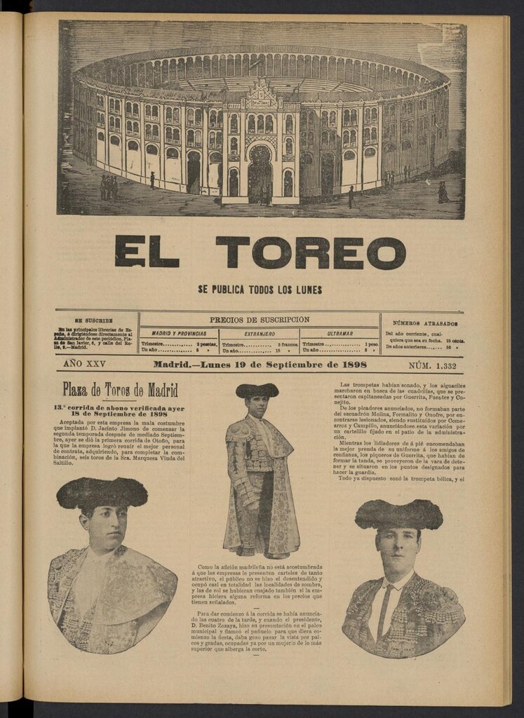 Miniatura de El Toreo: suplemento a "La Correspondencia Teatral" del 19 de septiembre de 1898, nº 1332