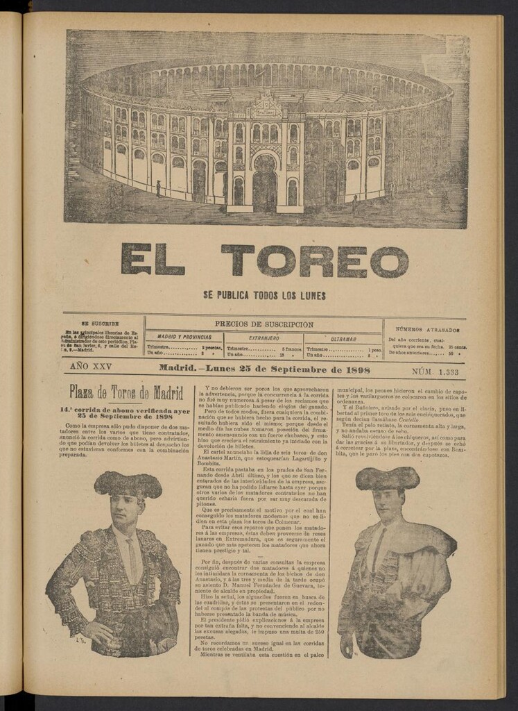 Miniatura de El Toreo: suplemento a "La Correspondencia Teatral" del 25 de septiembre de 1898, nº 1333