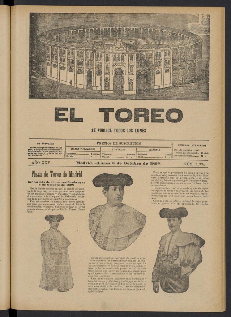 Miniatura de El Toreo: suplemento a "La Correspondencia Teatral" del 3 de octubre de 1898, nº 1334