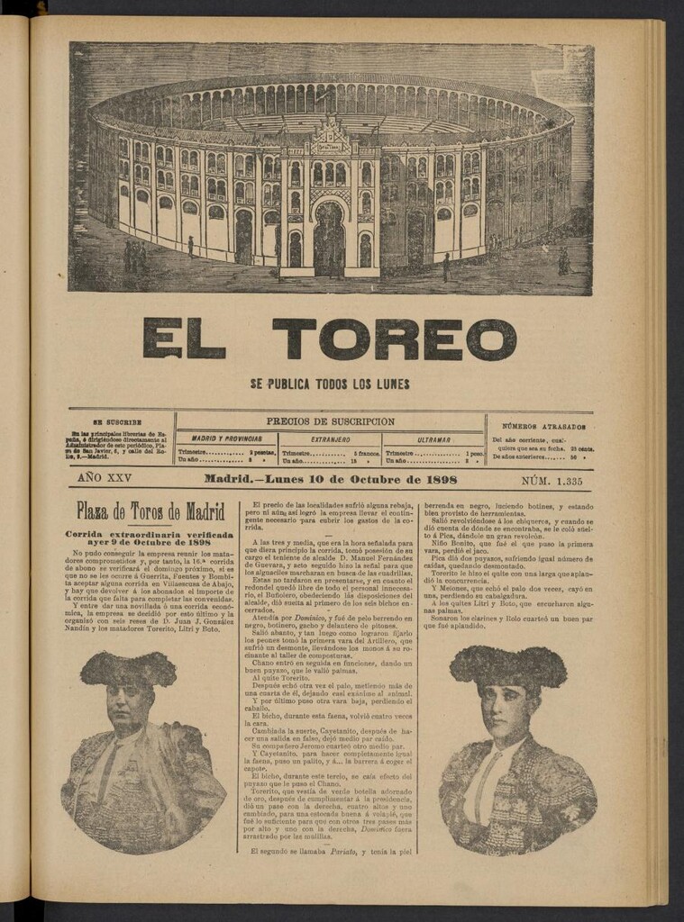 Miniatura de El Toreo: suplemento a "La Correspondencia Teatral" del 10 de octubre de 1898, nº 1335