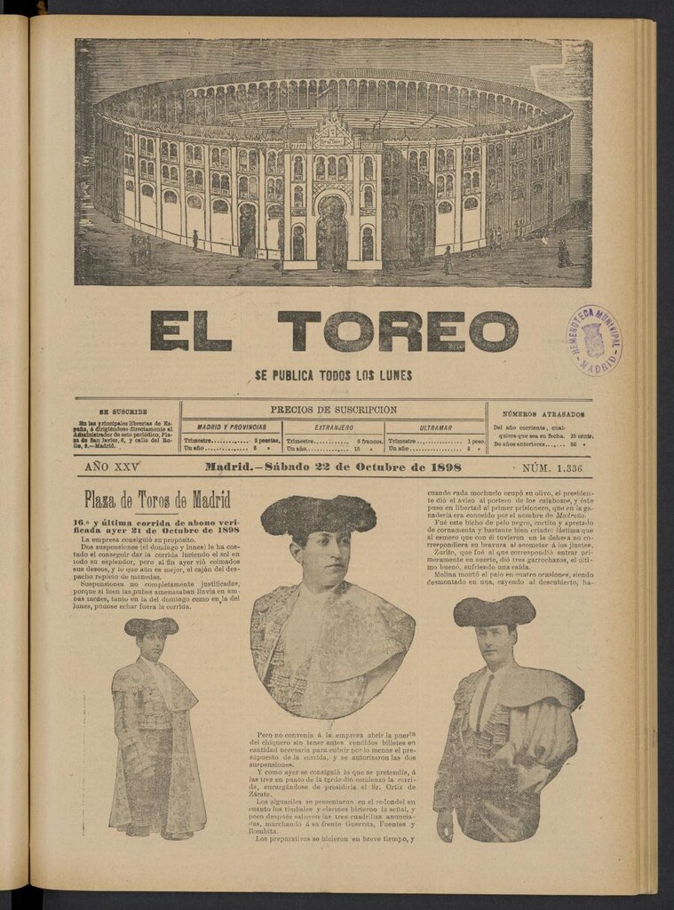 Miniatura de El Toreo: suplemento a "La Correspondencia Teatral" del 22 de octubre de 1898, nº 1336