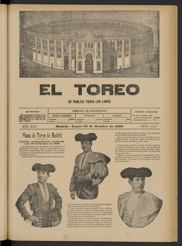 Miniatura de El Toreo: suplemento a "La Correspondencia Teatral" del 23 de octubre de 1898, nº 1337