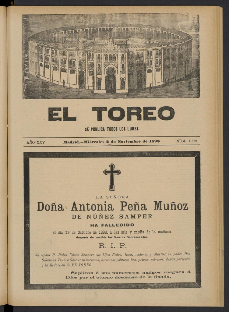 Miniatura de El Toreo: suplemento a "La Correspondencia Teatral" del 2 de noviembre de 1898, nº 1339