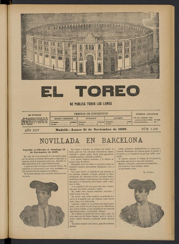 Miniatura de El Toreo: suplemento a "La Correspondencia Teatral" del 21 de noviembre de 1898, nº 1342