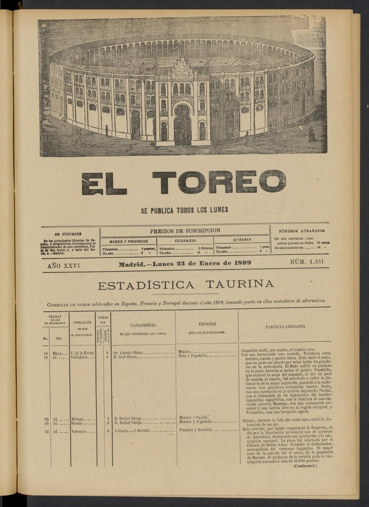 Miniatura de El Toreo: suplemento a "La Correspondencia Teatral" del 23 de enero de 1899, nº 1351