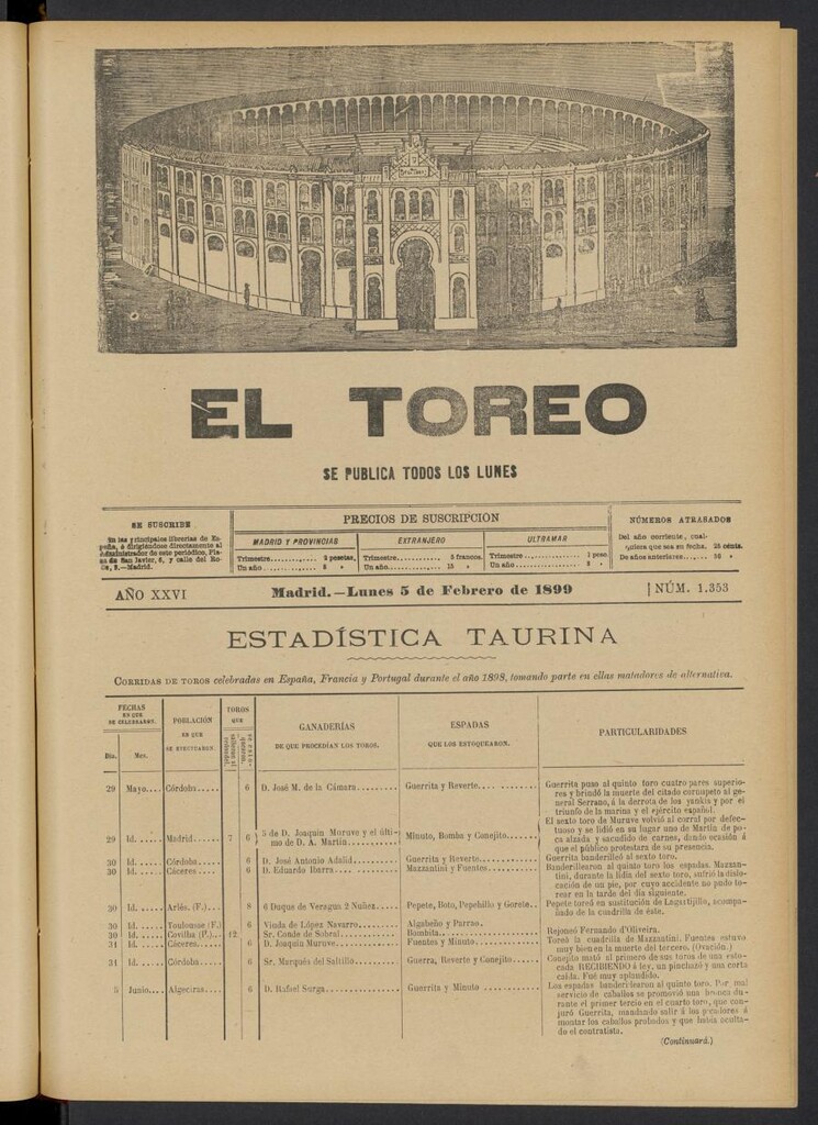Miniatura de El Toreo: suplemento a "La Correspondencia Teatral" del 5 de febrero de 1899, nº 1353
