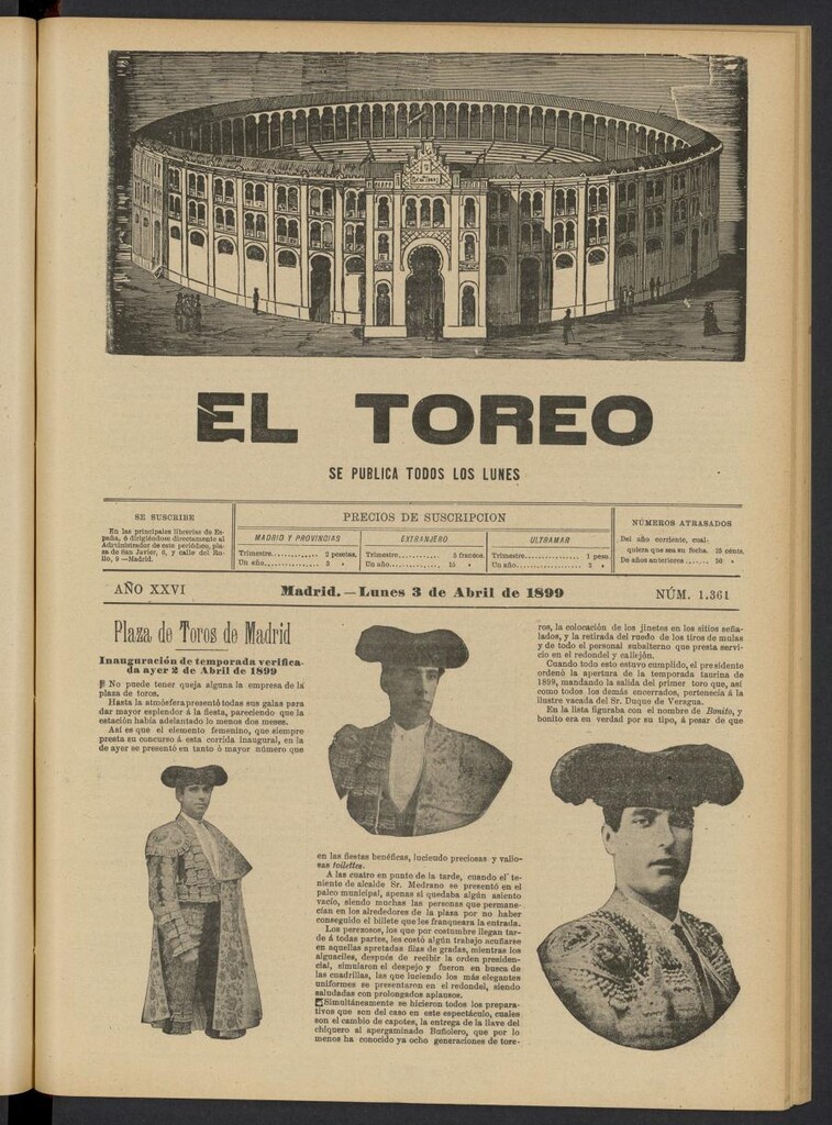 Miniatura de El Toreo: suplemento a "La Correspondencia Teatral" del 3 de abril de 1899, nº 1361