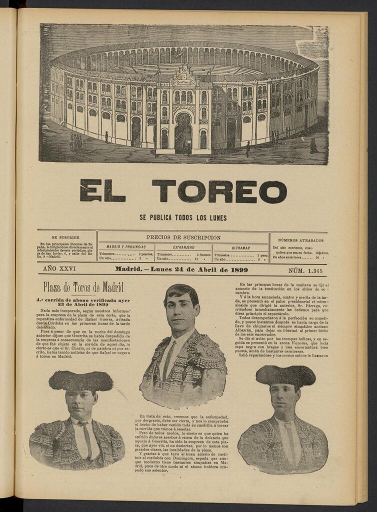 Miniatura de El Toreo: suplemento a "La Correspondencia Teatral" del 24 de abril de 1899, nº 1365
