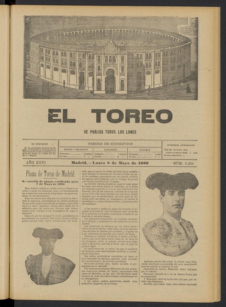 Miniatura de El Toreo: suplemento a "La Correspondencia Teatral" del 8 de mayo de 1899, nº 1368