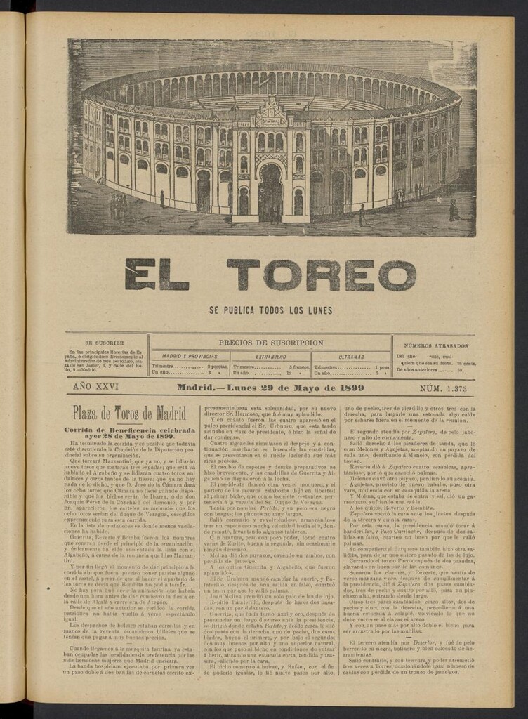 Miniatura de El Toreo: suplemento a "La Correspondencia Teatral" del 29 de mayo de 1899, nº 1373
