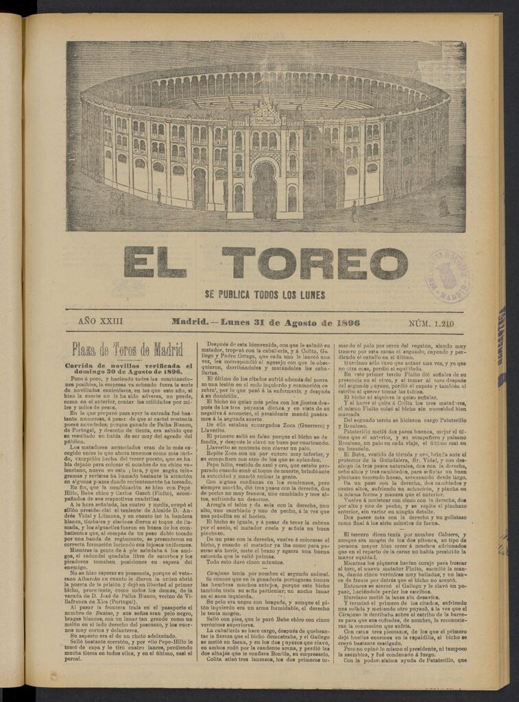 Miniatura de El Toreo: suplemento a "La Correspondencia Teatral" del 31 de agosto de 1896, nº 1210