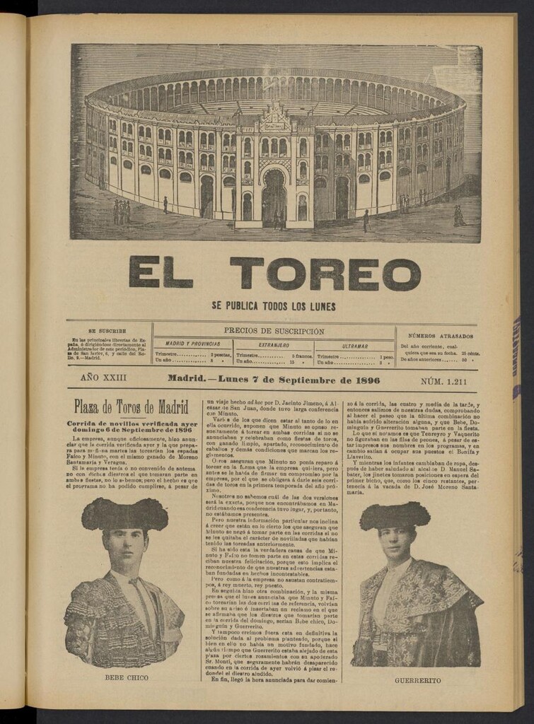 Miniatura de El Toreo: suplemento a "La Correspondencia Teatral" del 7 de septiembre de 1896, nº 1211