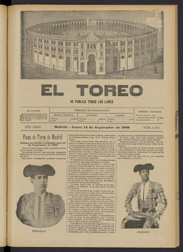 Miniatura de El Toreo: suplemento a "La Correspondencia Teatral" del 14 de septiembre de 1896, nº 1212