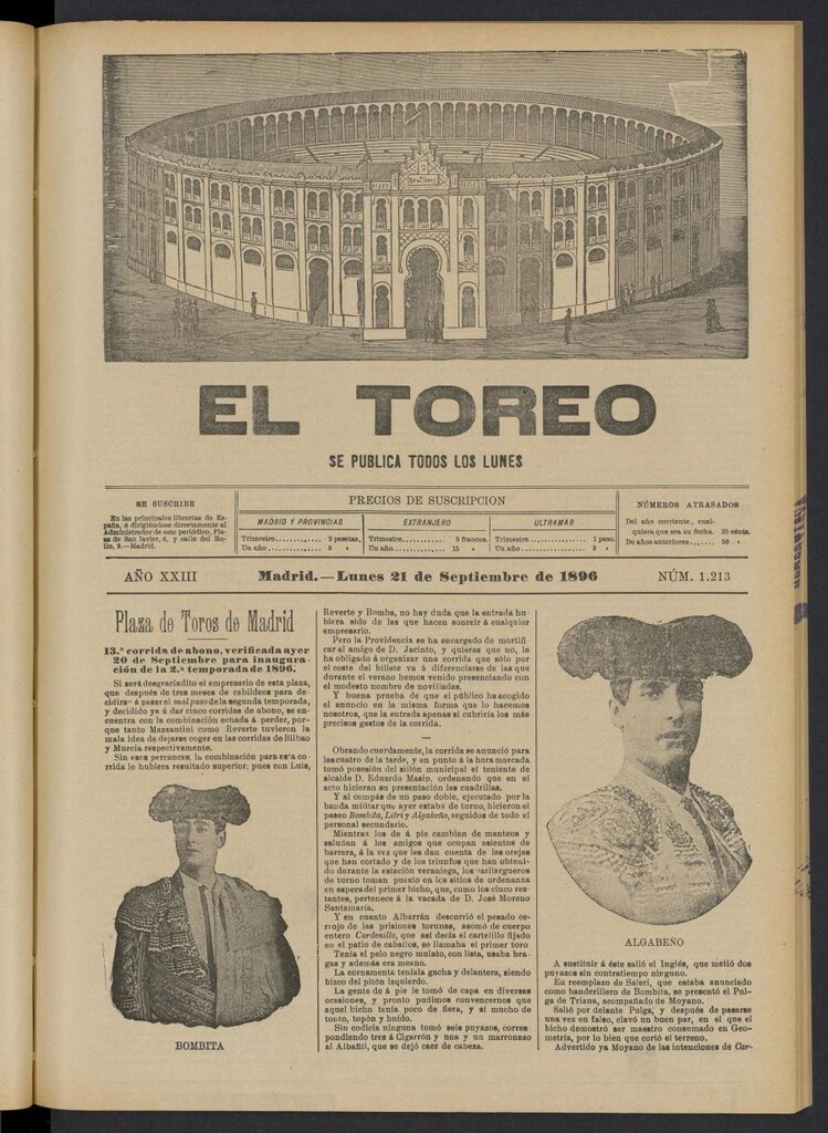 Miniatura de El Toreo: suplemento a "La Correspondencia Teatral" del 21 de septiembre de 1896, nº 1213
