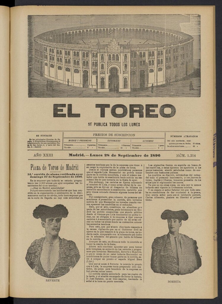 Miniatura de El Toreo: suplemento a "La Correspondencia Teatral" del 28 de septiembre de 1896, nº 1214