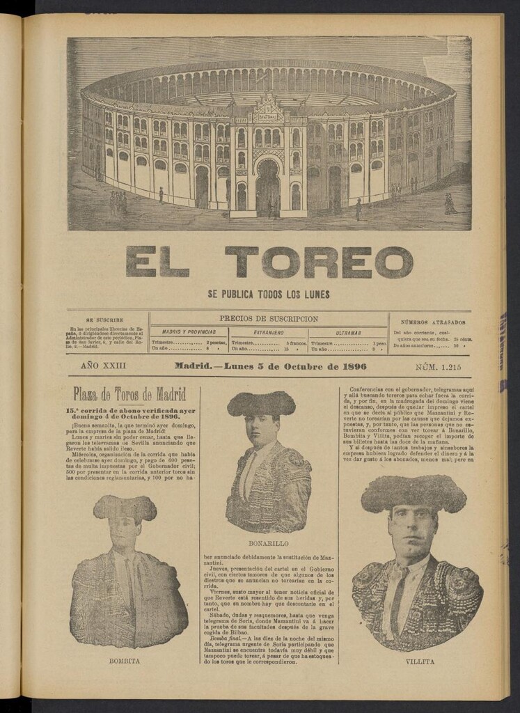 Miniatura de El Toreo: suplemento a "La Correspondencia Teatral" del 5 de octubre de 1896, nº 1215