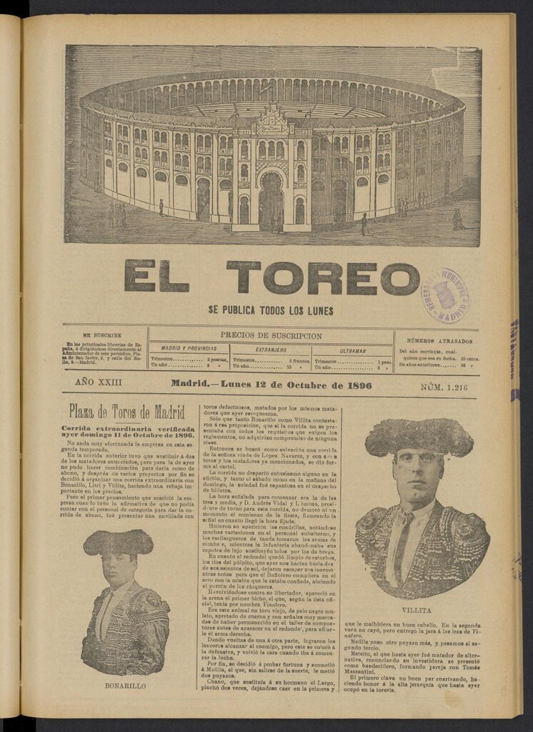 Miniatura de El Toreo: suplemento a "La Correspondencia Teatral" del 12 de octubre de 1896, nº 1216