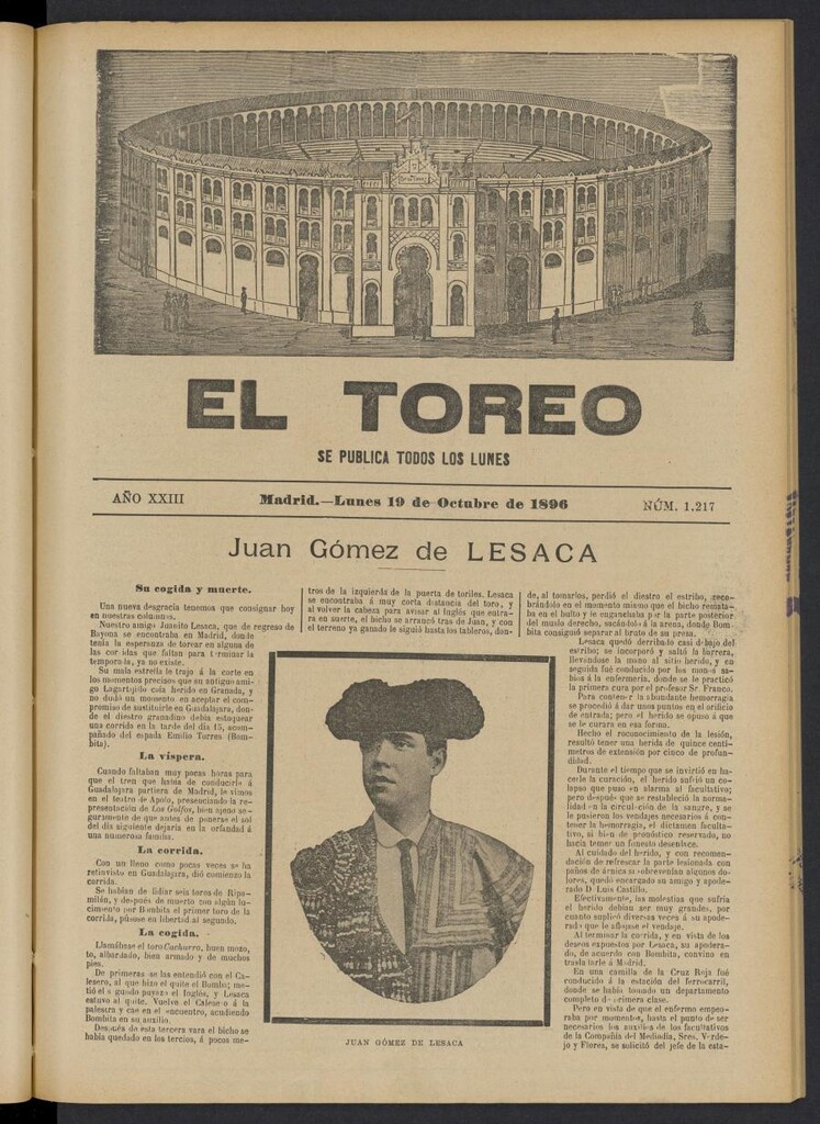 Miniatura de El Toreo: suplemento a "La Correspondencia Teatral" del 19 de octubre de 1896, nº 1217